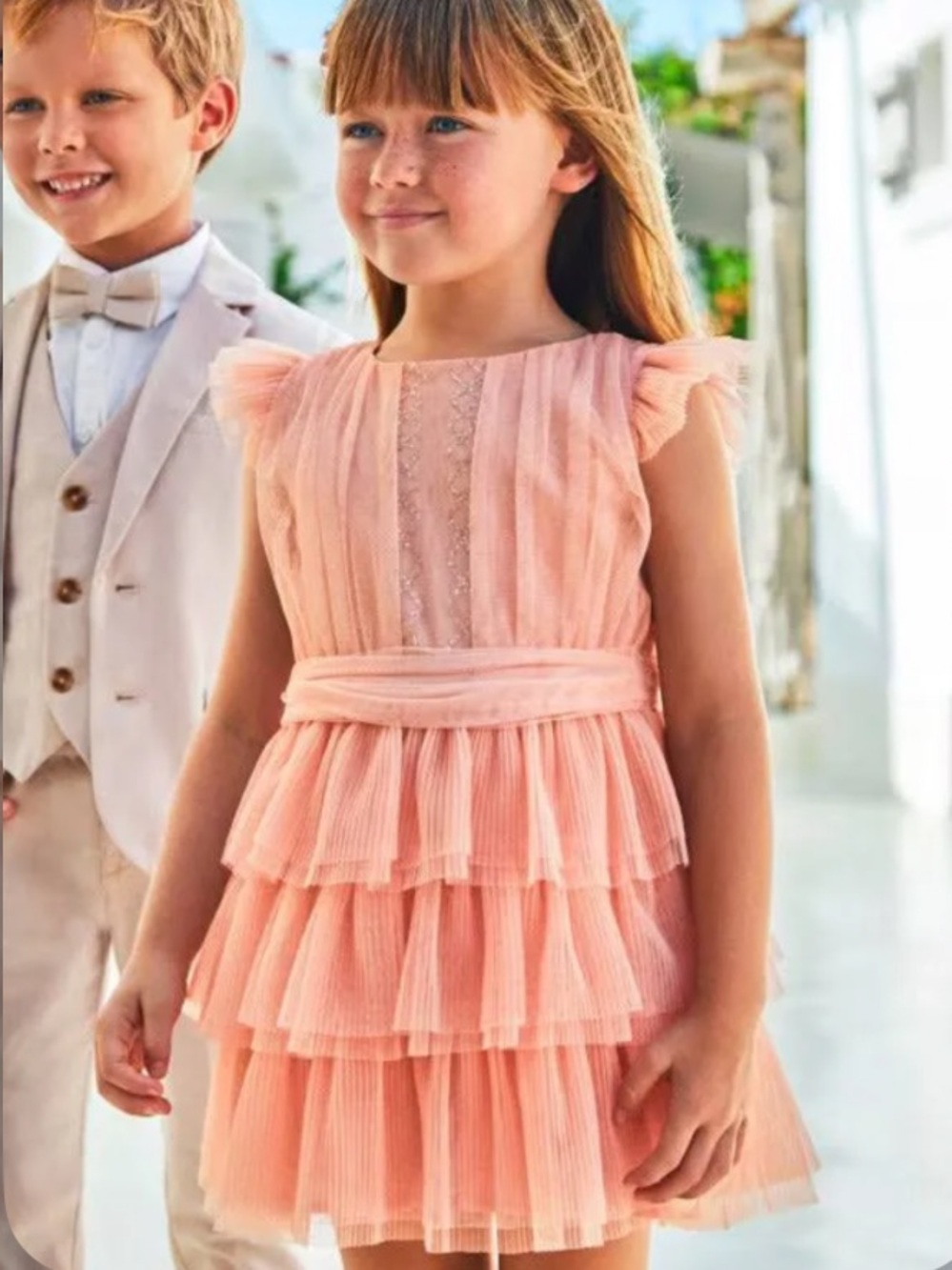 Mayoral White Tiered Pleated Tulle Formal Dress - Picture 2 of 8